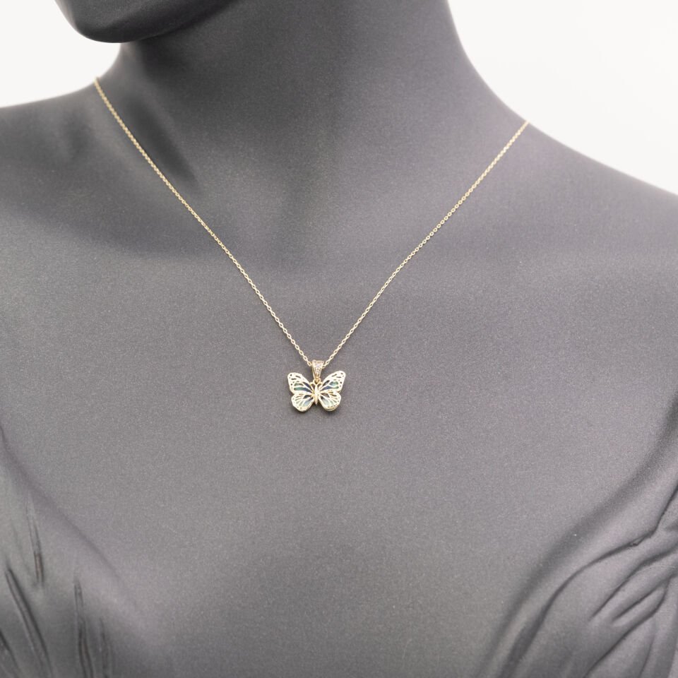 14 Ayar Taşlı Renkli Kelebek Altın Kolye