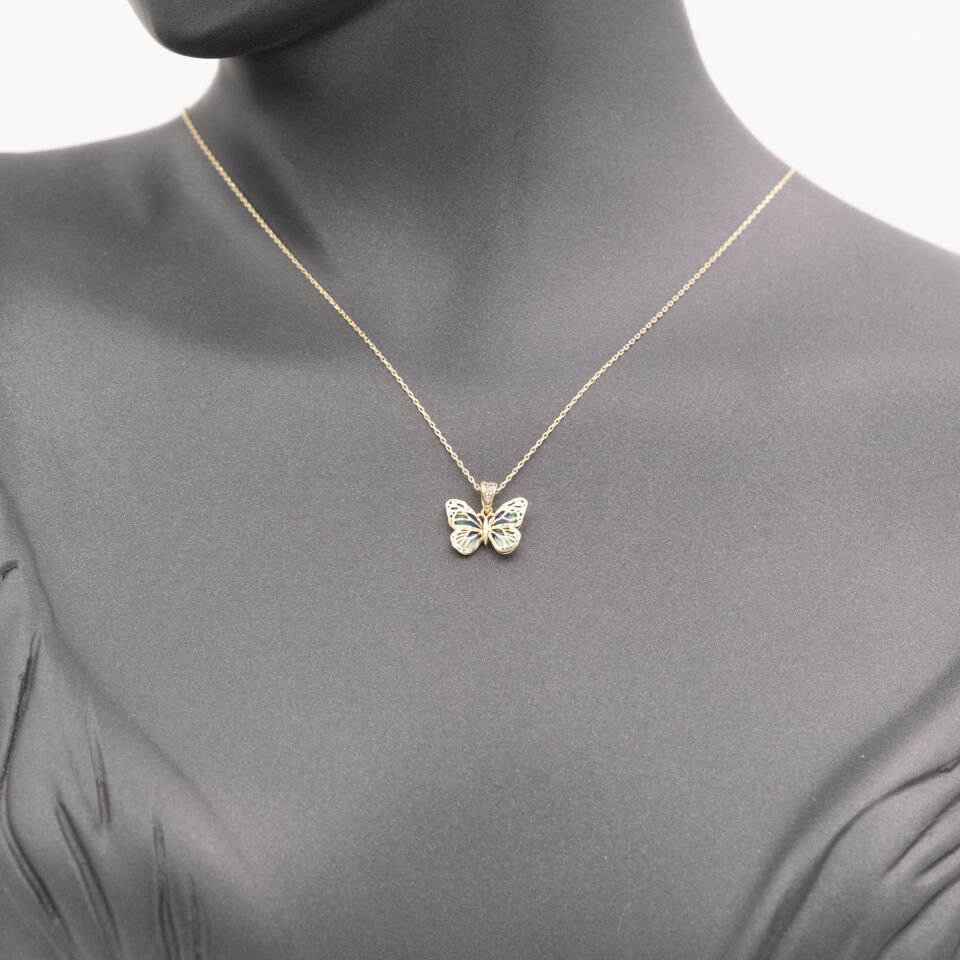 14 Ayar Taşlı Renkli Kelebek Altın Kolye