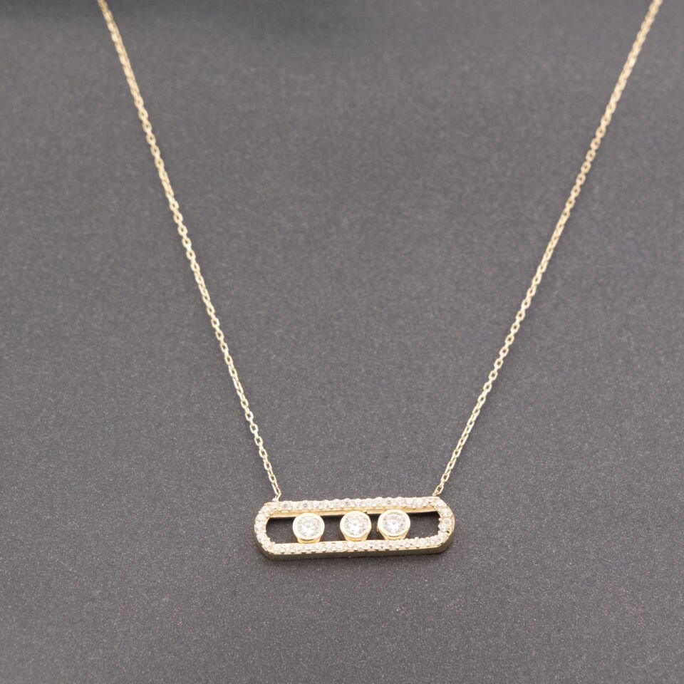 14 Ayar Taşlı 3 Daire Sallantılı Altın Kolye