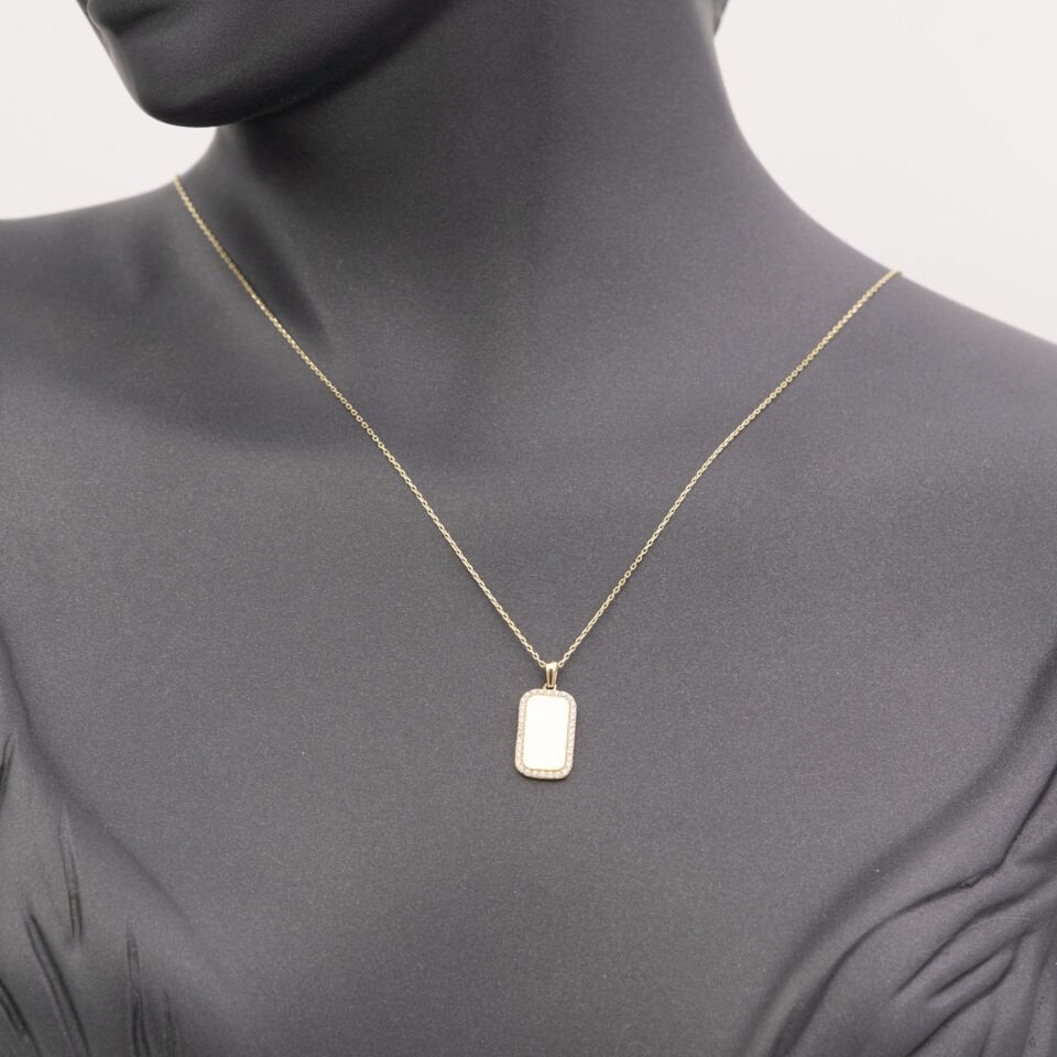 14 Ayar Dikdörtgen Taşlı Plaka Altın Kolye