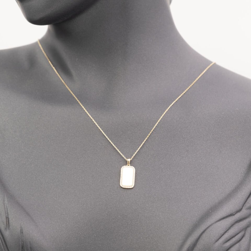 14 Ayar Dikdörtgen Taşlı Plaka Altın Kolye