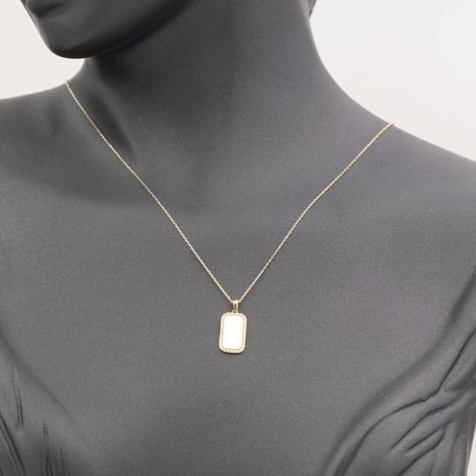 14 Ayar Dikdörtgen Taşlı Plaka Altın Kolye