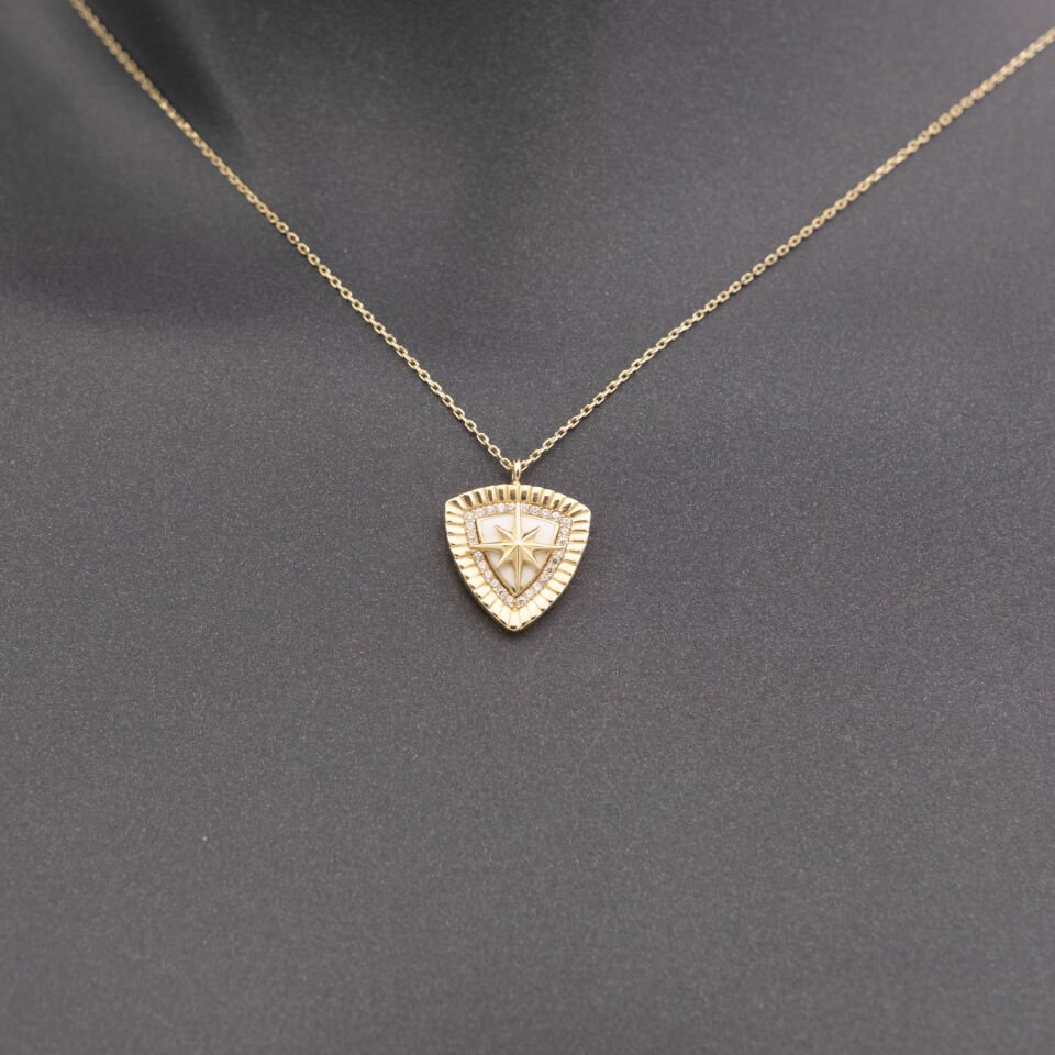 14 Ayar Kuzey Yıldızı Kalkan Detaylı Altın Kolye