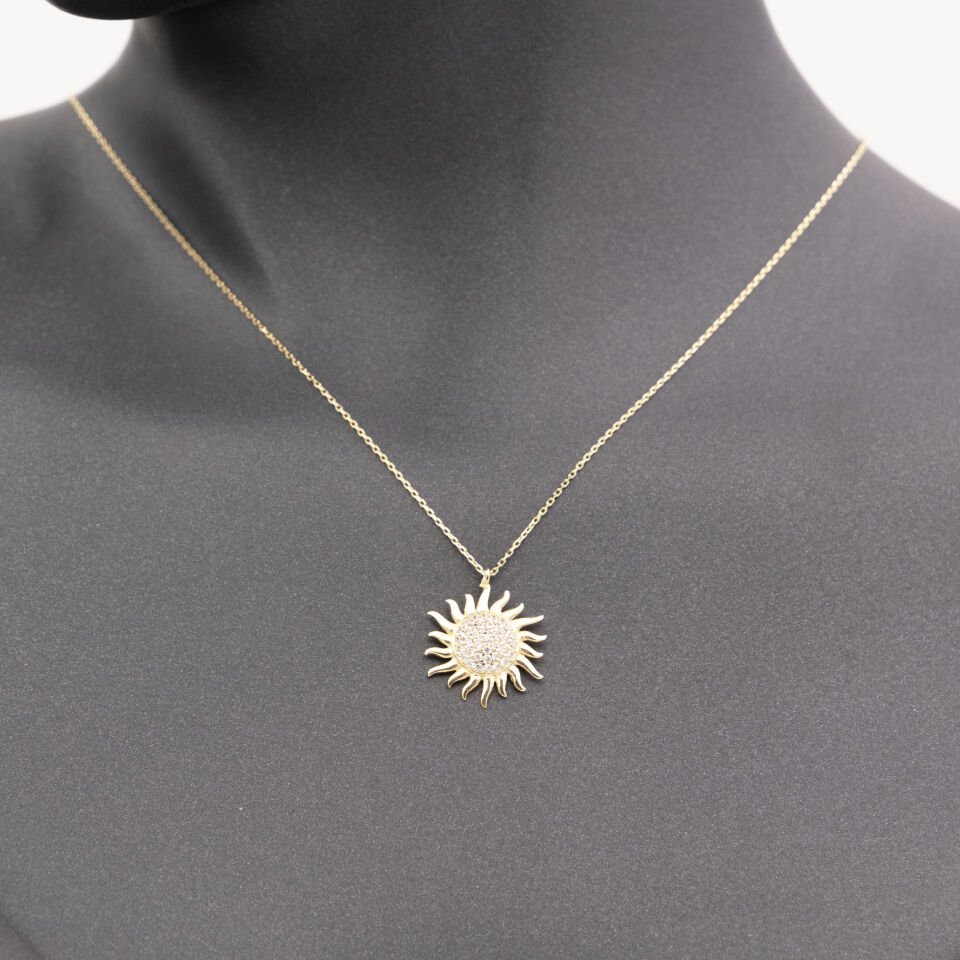14 Ayar Taşlı Güneş Detaylı Altın Kolye