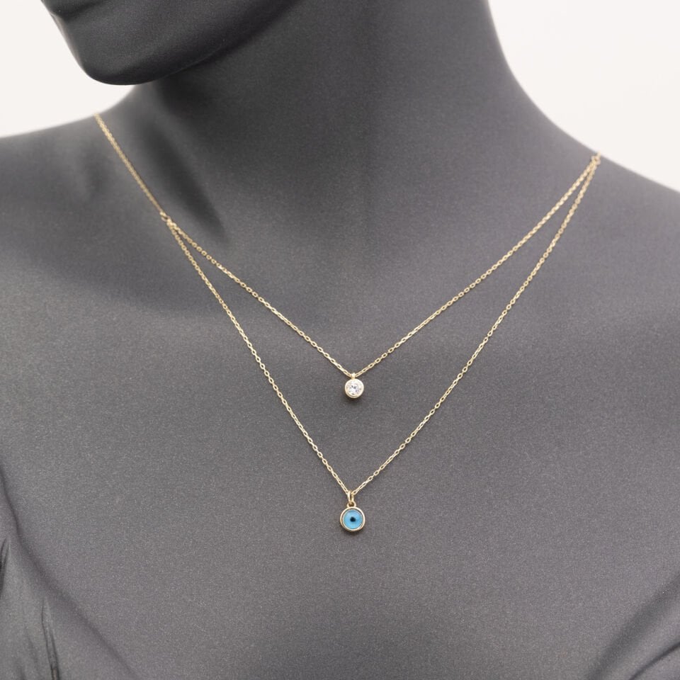 14 Nazar Boncuklu Detaylı Altın Kolye