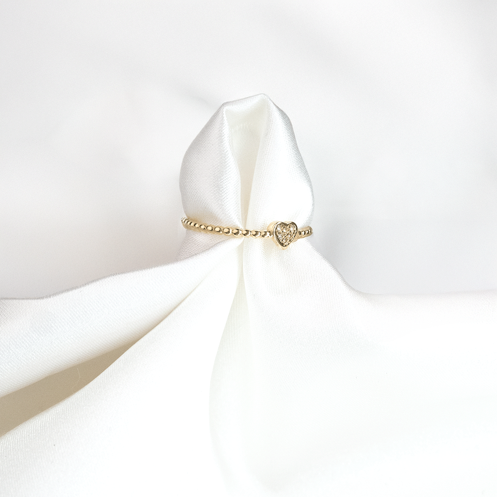 14 Ayar Taşlı Küçük Kalp Figürlü Kenarları Toplu Altın Yüzük