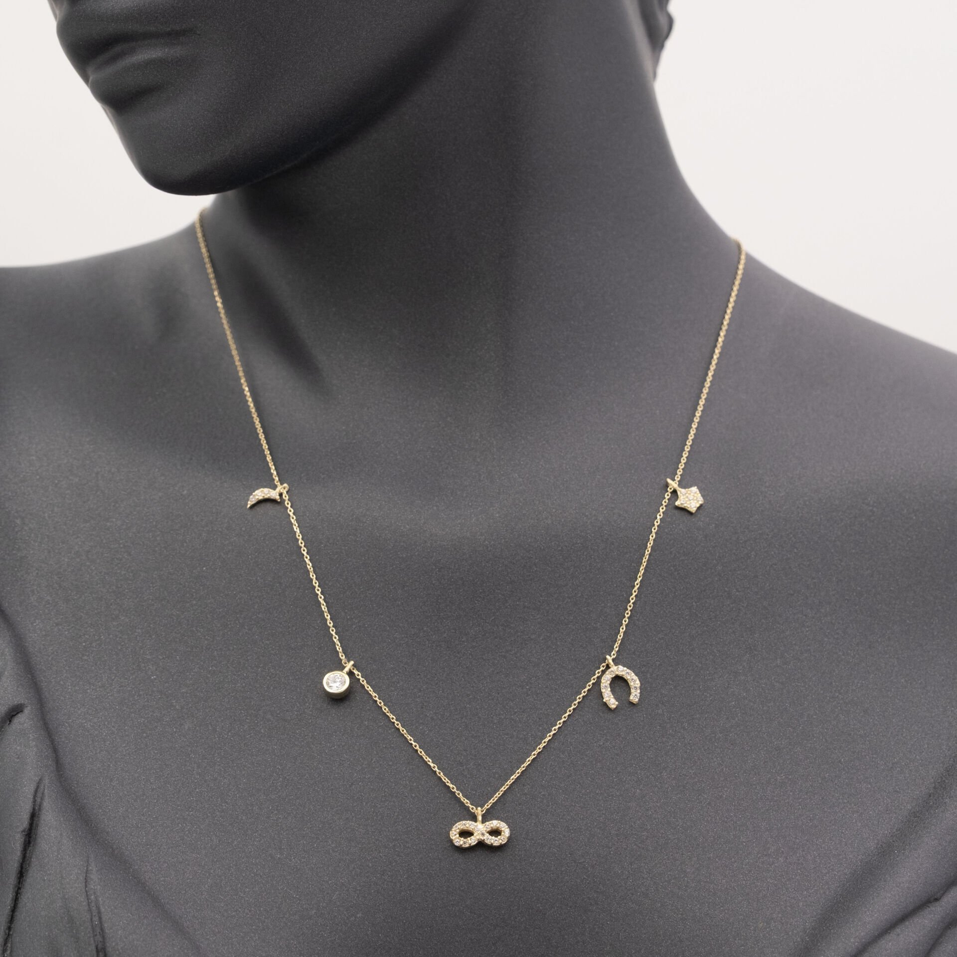 14 Taşlı Figür Sıralı Altın Kolye