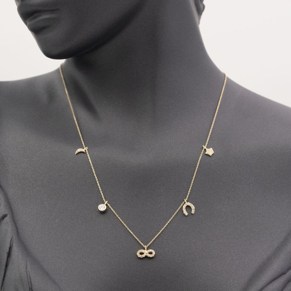 14 Ayar Taşlı Figür Sıralı Altın Kolye