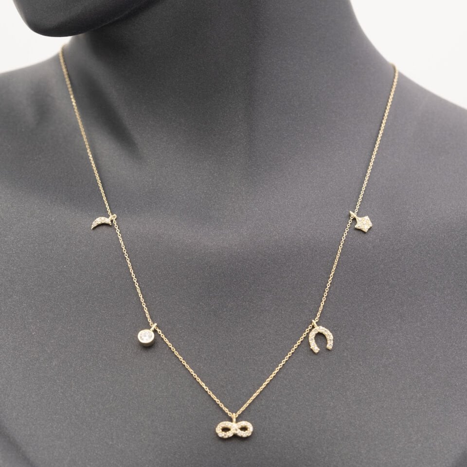 14 Ayar Taşlı Figür Sıralı Altın Kolye