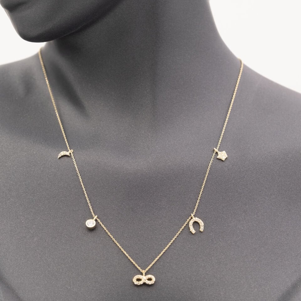 14 Taşlı Figür Sıralı Altın Kolye