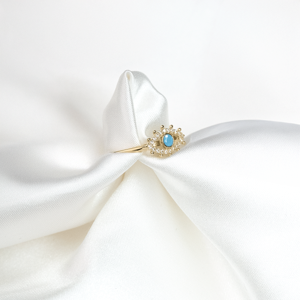 14 Ayar Ortası Mavi Mineli Taşlı Göz Altın Yüzük