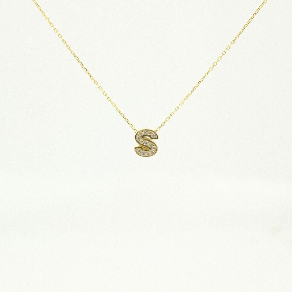 14 Ayar Minimalist Taşlı “S” Harfli Altın Kolye