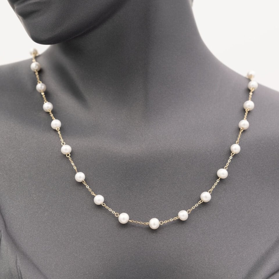 14 Beyaz İnci Sıralı Altın Kolye