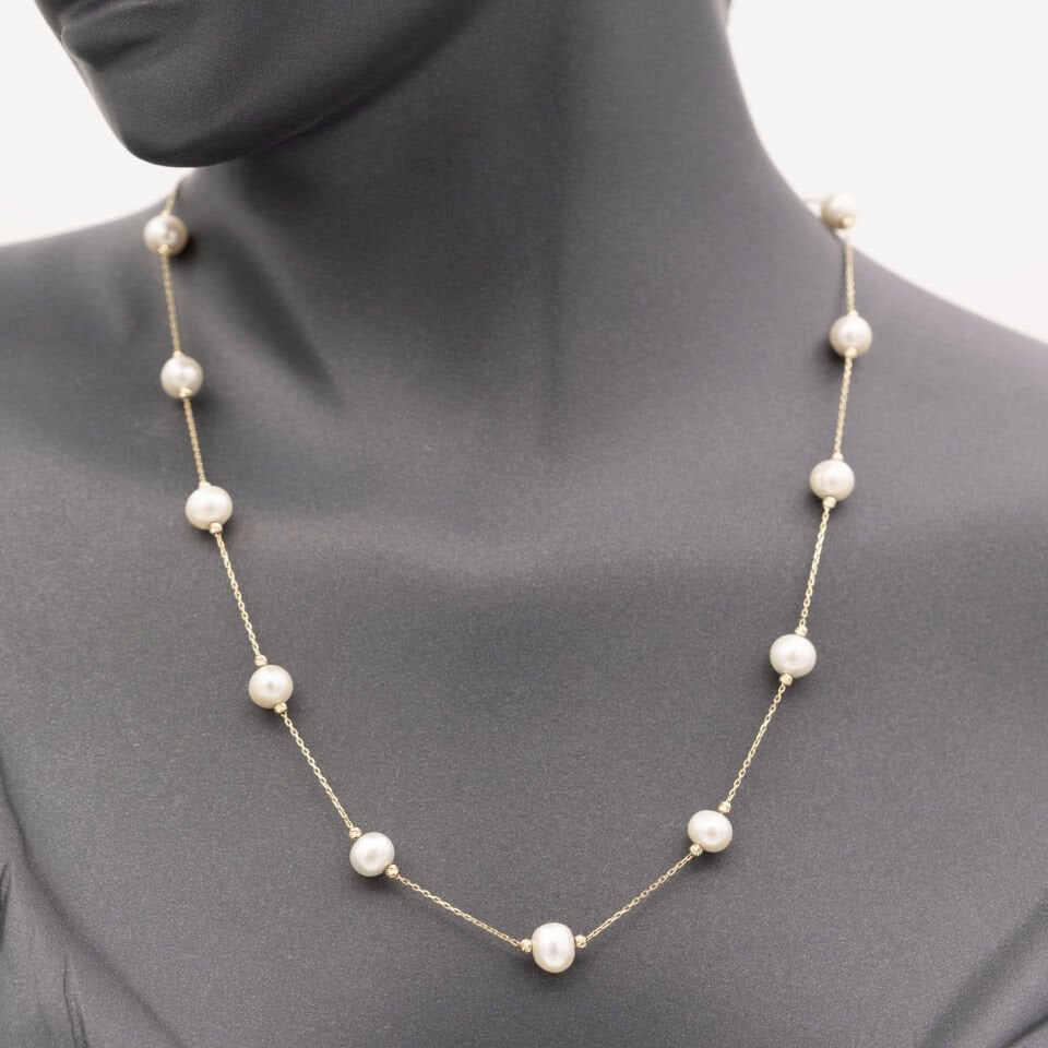 14 Beyaz İnci Detaylı Altın Kolye