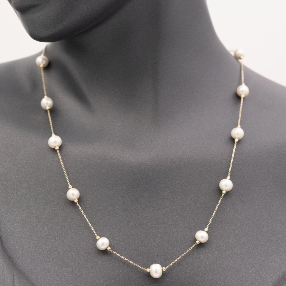 14 Ayar Beyaz İnci Detaylı Altın Kolye