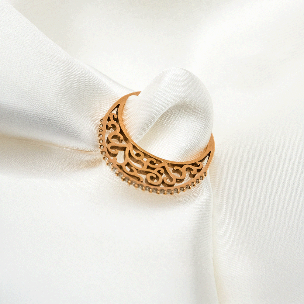 18 Ayar Motifli Yarımtur Rose Pırlanta Yüzük