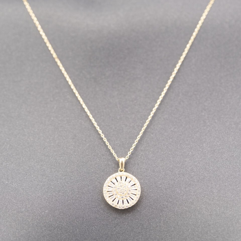 14 Baget Taşlı Yuvarlak Altın Kolye