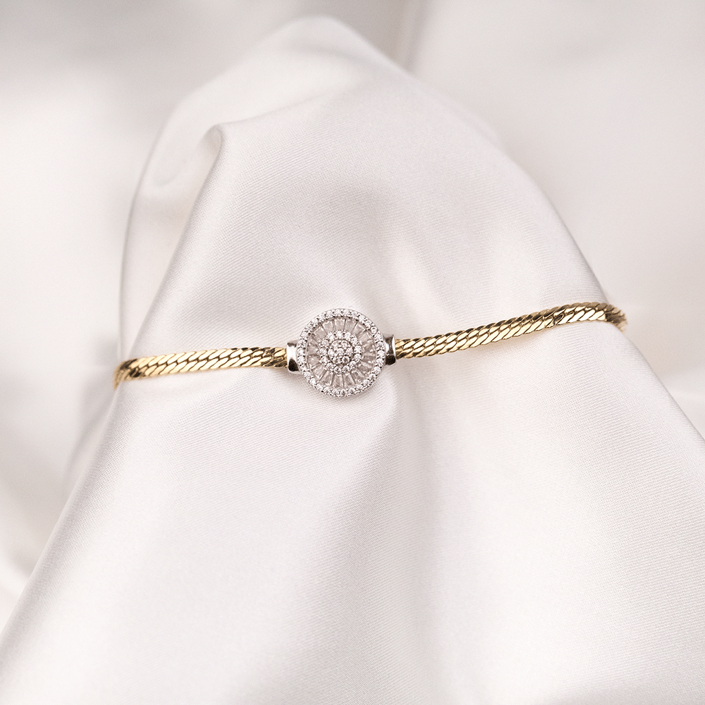 14 Ayar Ortası Beyaz Altın Taşlı Zincirli Gold Altın Bileklik