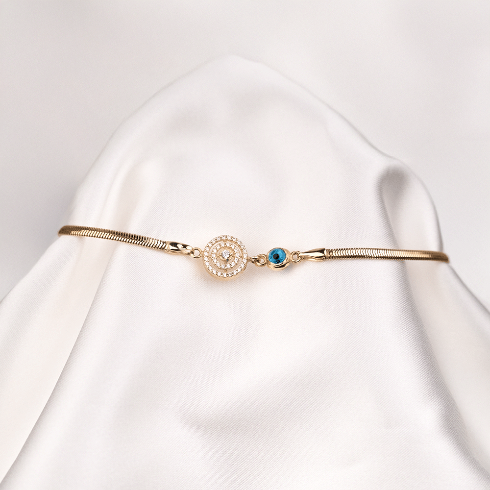 14 Ayar Yuvarlak Taşlı Nazar Boncuklu İtalyan Zincir Altın Bileklik