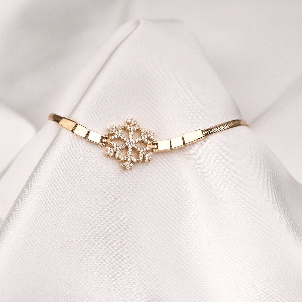 14 Ayar Taşlı Kar Tanesi Figürlü Kare Charmlı İtalyan Altın Bileklik