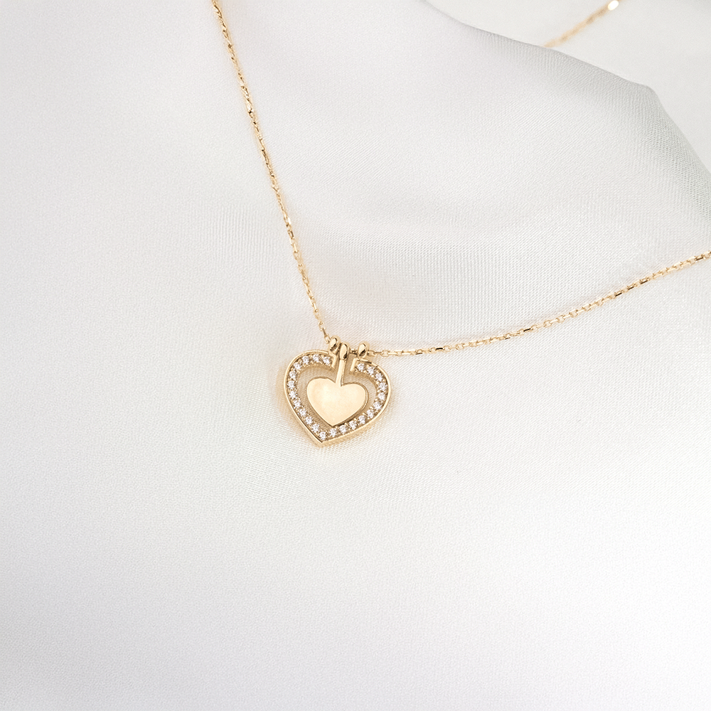 14 Ayar Boşluklu Kalp Detaylı Zincir Altın Kolye