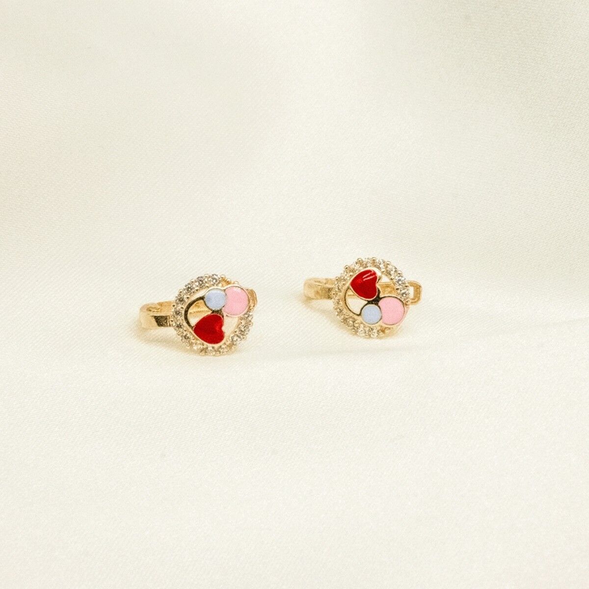 14 Ayar Kalpli Pembe Ve Mavi Mineli Beyaz Taşlı Daireli Altın Küpe