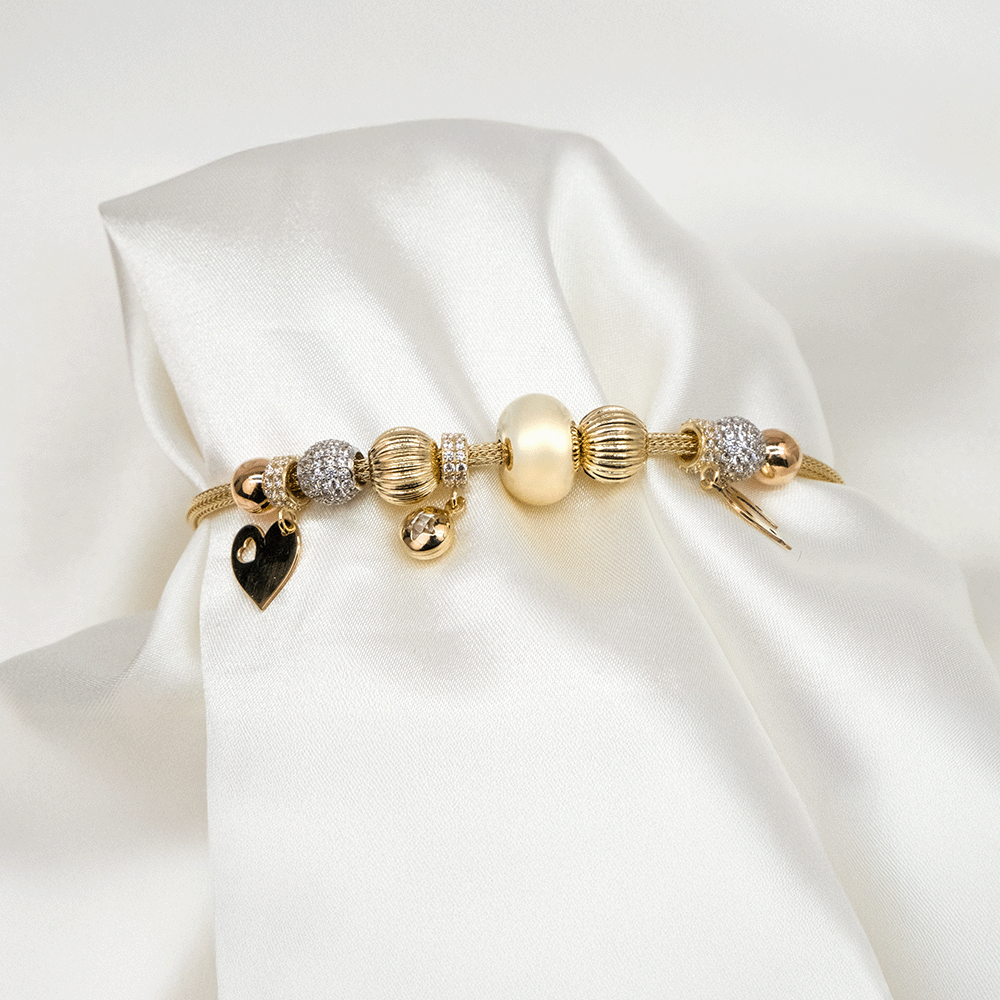 14 Ayar Kalp ve Nal Charmlı Boncuklu Altın Bileklik