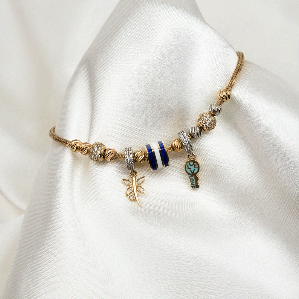 14 Ayar Anahtar ve Yusufçuk Charmlı Boncuklu Altın Bileklik