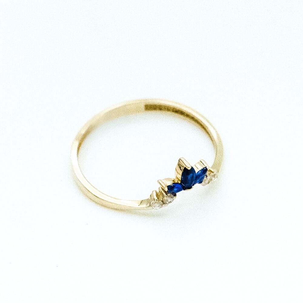 14 Ayar Üçlü Mavi Taş Altın Yüzük