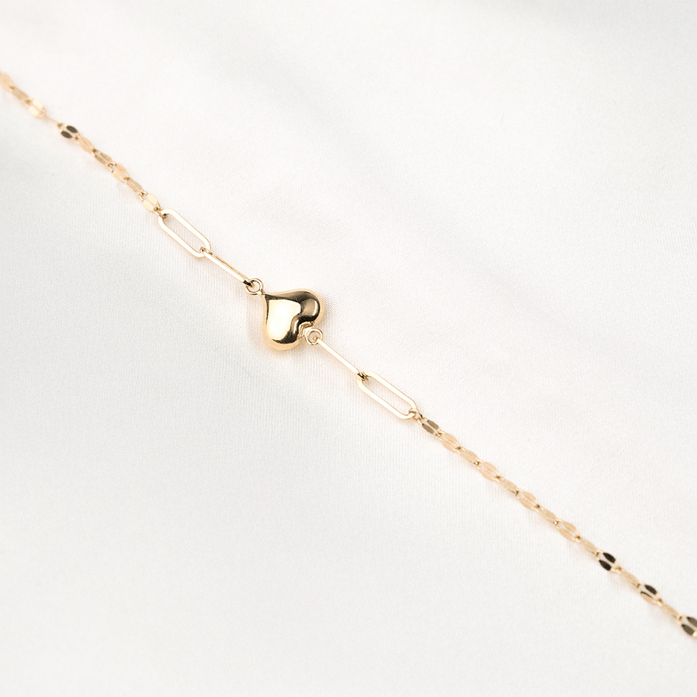 14 Ayar Ataç Zincir Detaylı Kalp Altın Bileklik