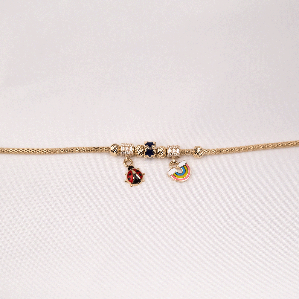 14 Ayar Uğur Böceği ve Gökkuşağı Detaylı Çocuk Altın Bileklik