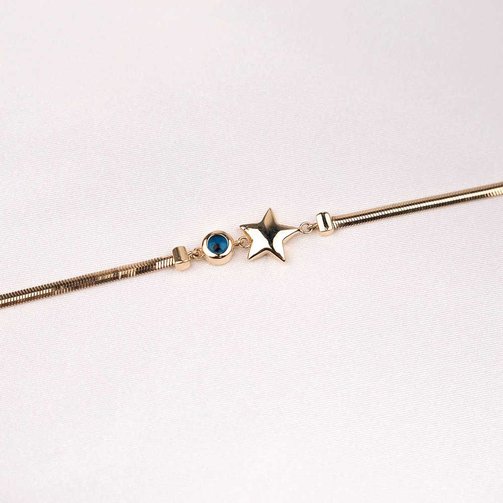 14 Ayar Yıldız ve Nazar Boncuğu Detaylı Balık Sırtı Altın Bileklik