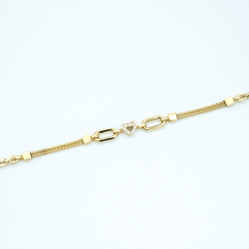 14 Ayar Beyaz Taşlı Kalpli Zincirli Altın Bileklik