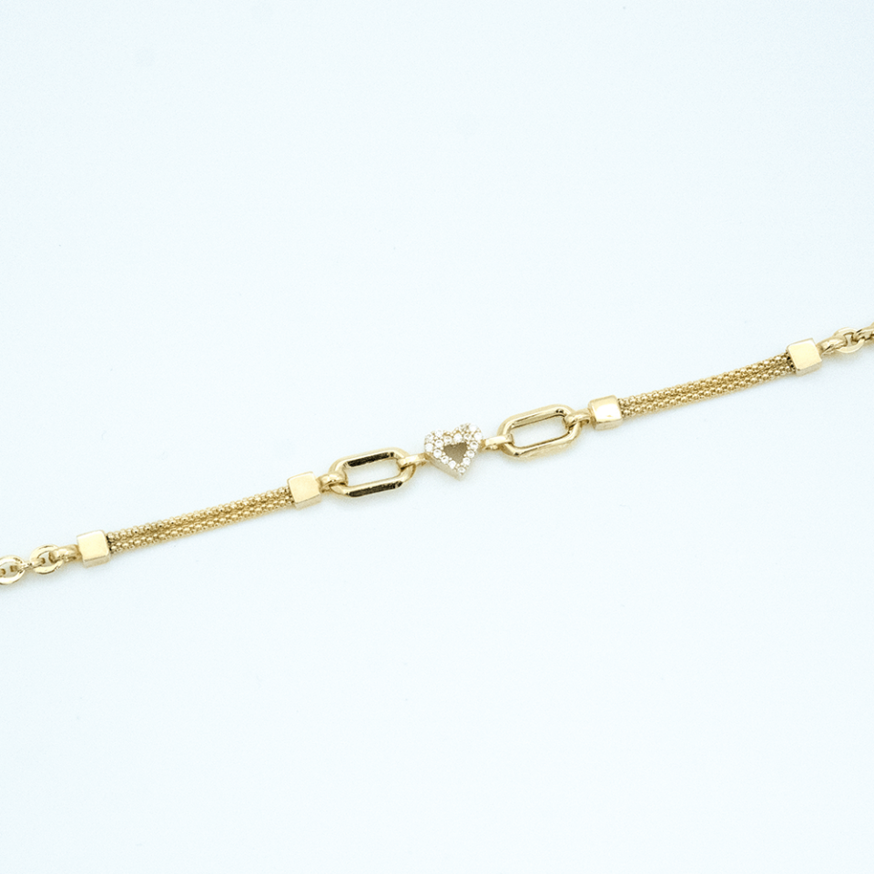 14 Ayar Beyaz Taşlı Kalpli Zincirli Altın Bileklik