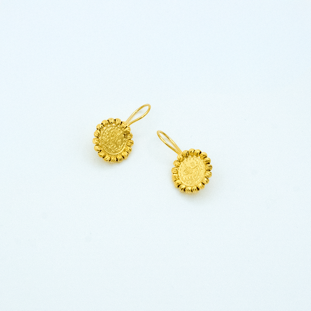 14 Ayar Dorikalı Tuğralı Detaylı Daire Altın Küpe