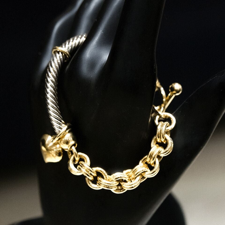 14 Ayar Kalp Detaylı Zincirli Altın Bileklik