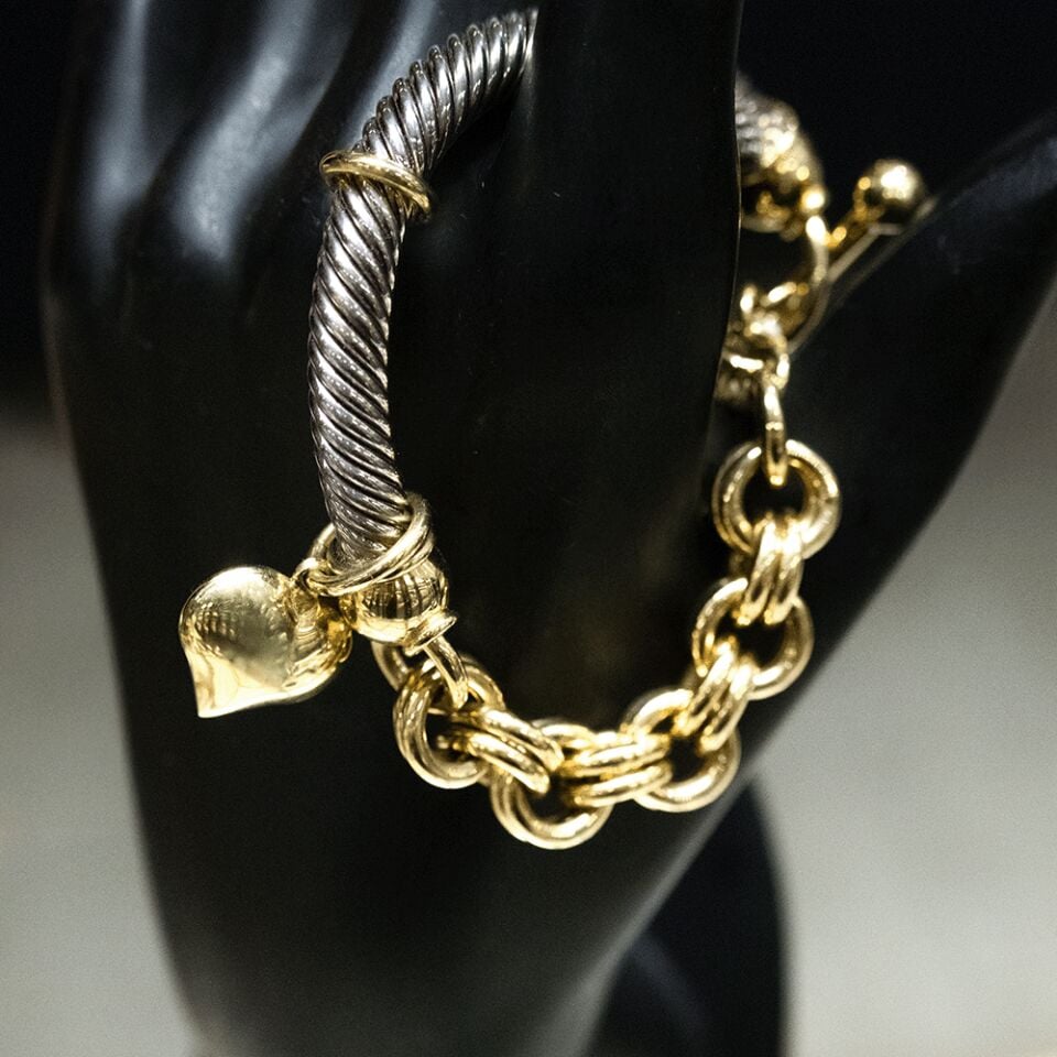 14 Ayar Zincir Detaylı Kalp Altın Bileklik